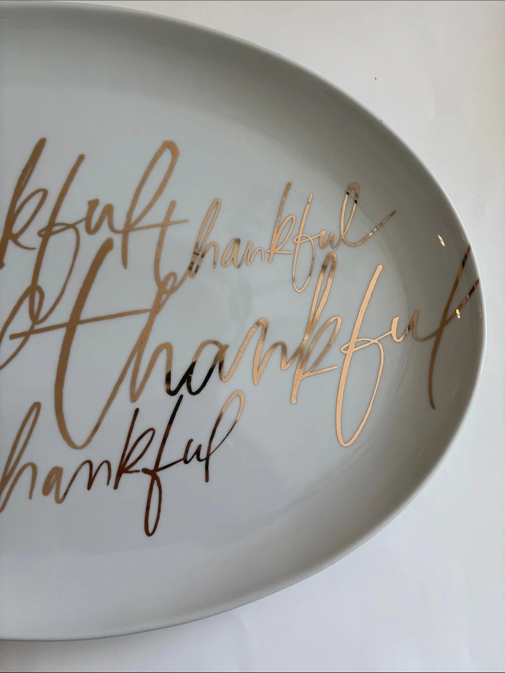Crate and Barrel Oval Thankful Platter White and Gold 17.75”